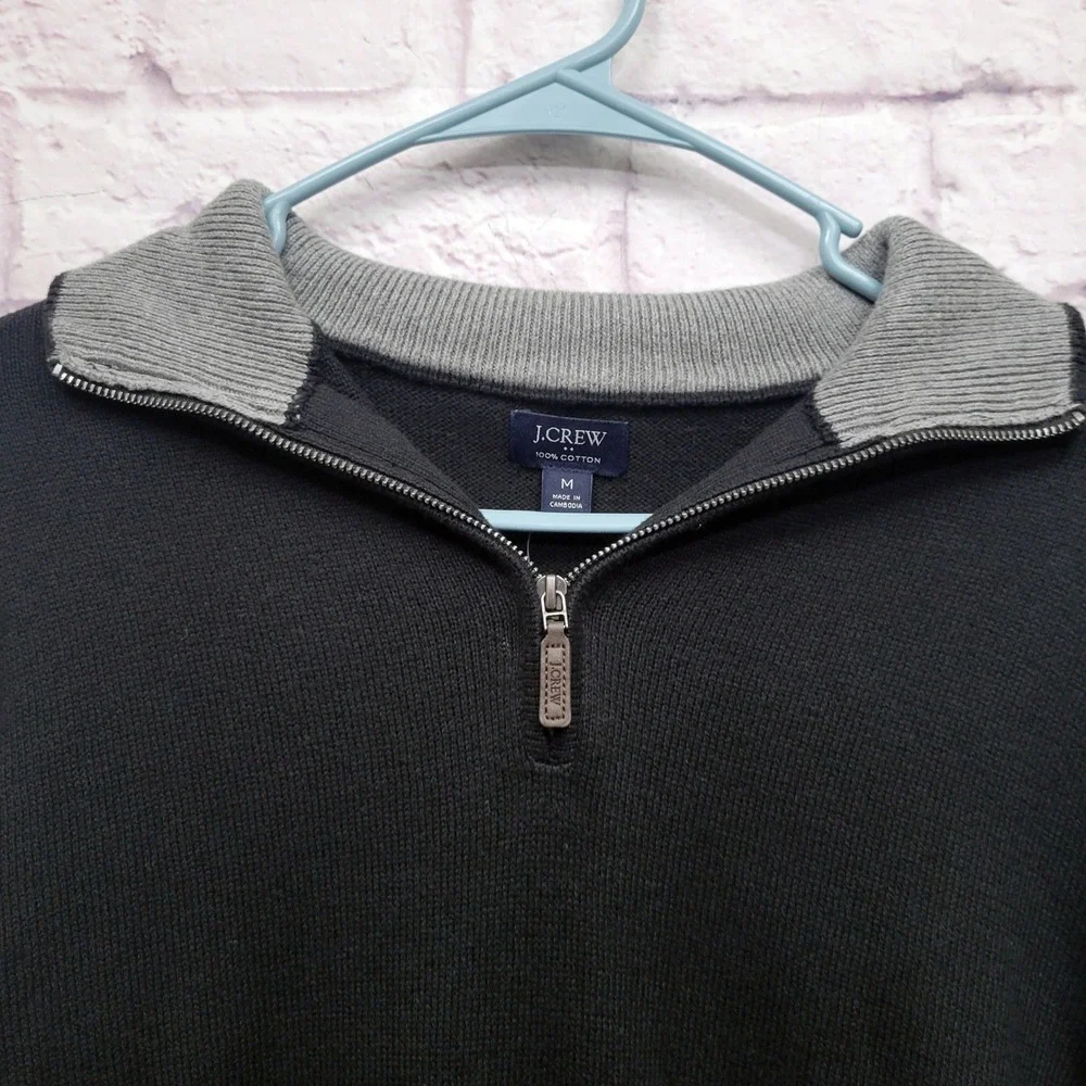 NEW J Crew Black Pullover Sweater Mens M 1/4‎ Zip 100% Cotton Knit Stretch Comfy